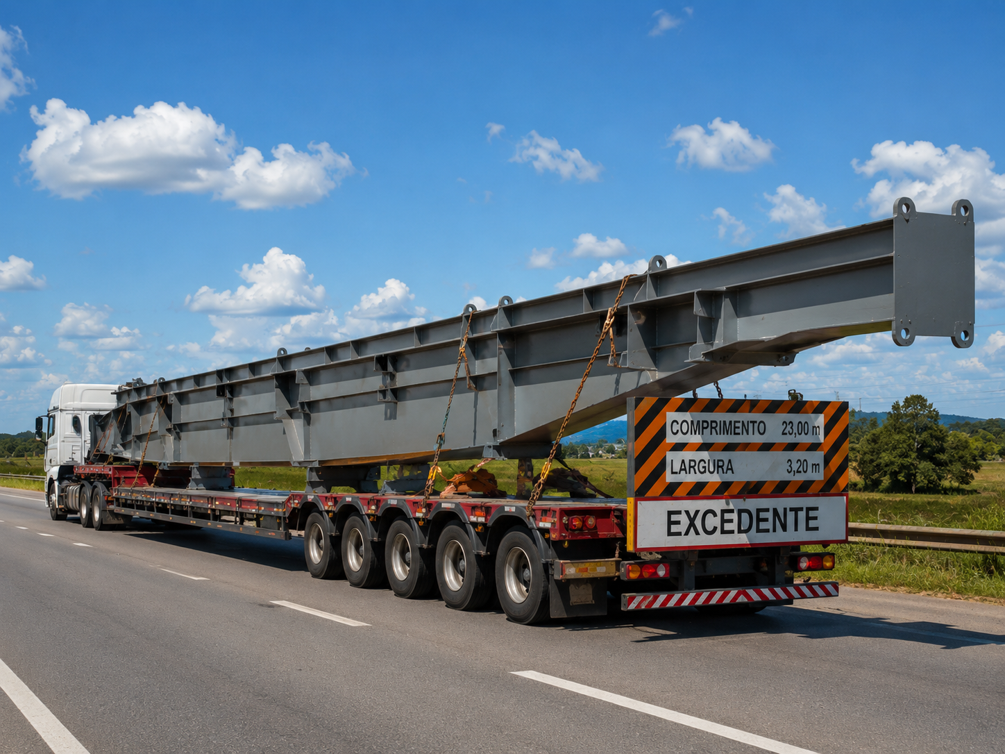 Viga metálica de 23 metros em prancha da Alpha Cargo, com placa de carga excedente