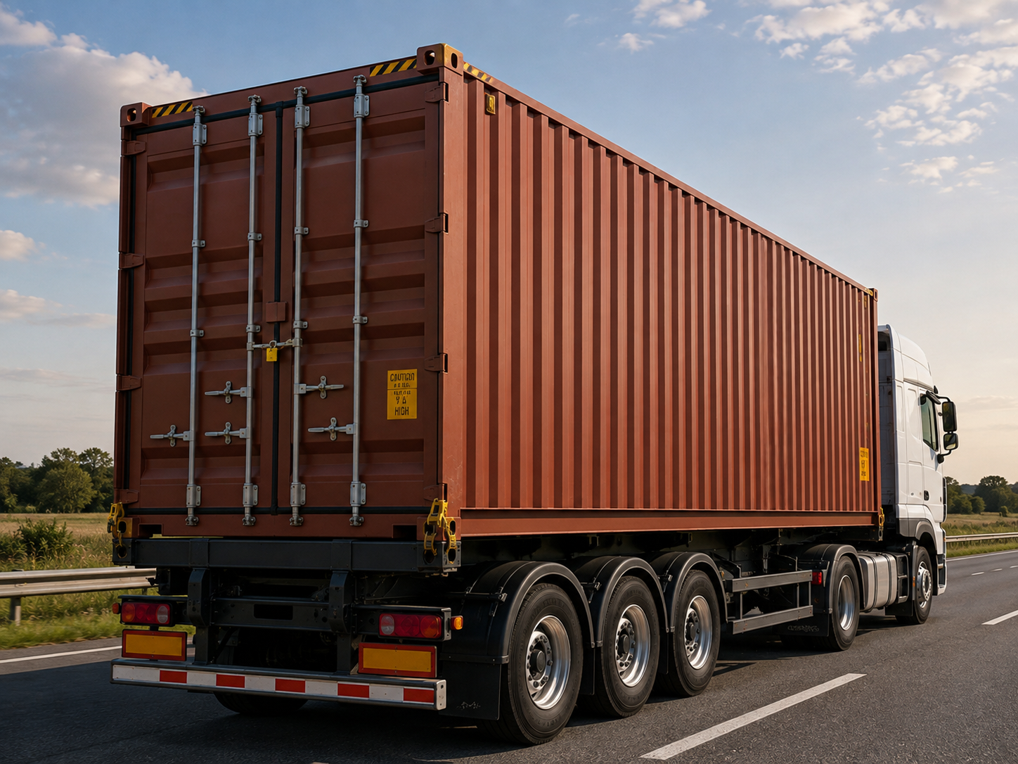 Contêiner travado no chassi porta-contêiner da Alpha Cargo em rodovia