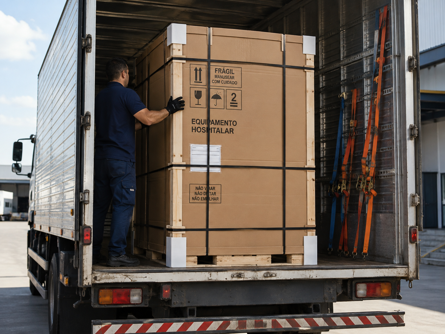 Caixa de equipamento hospitalar em engradado de madeira sendo posicionada no baú da Alpha Cargo