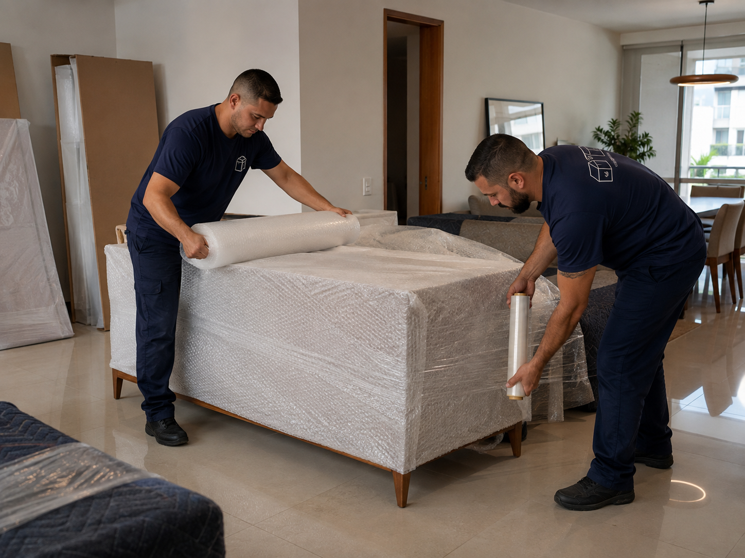 Equipe da Alpha Cargo embalando um sofá com plástico bolha durante a coleta da mudança
